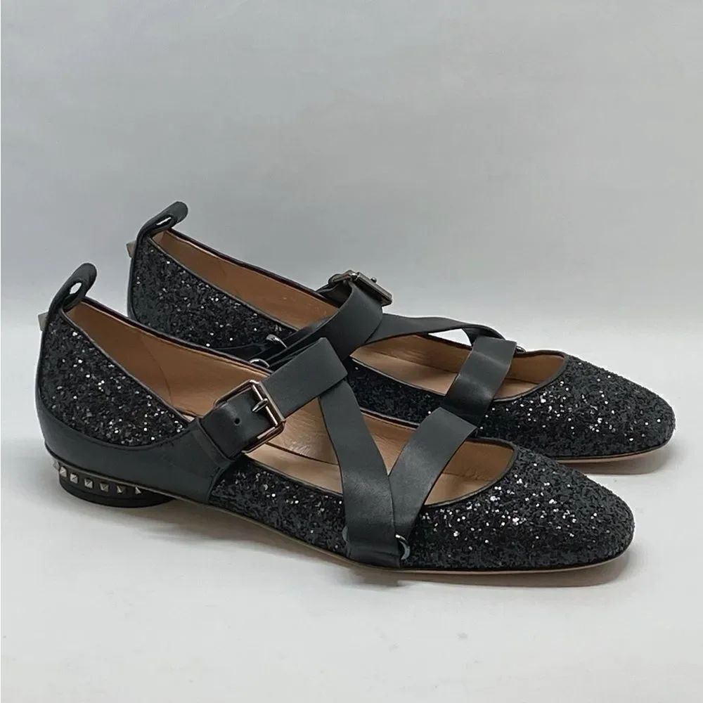 Valentino Garavani Rockstud Strappy Glitter Ballerina Flat size 37